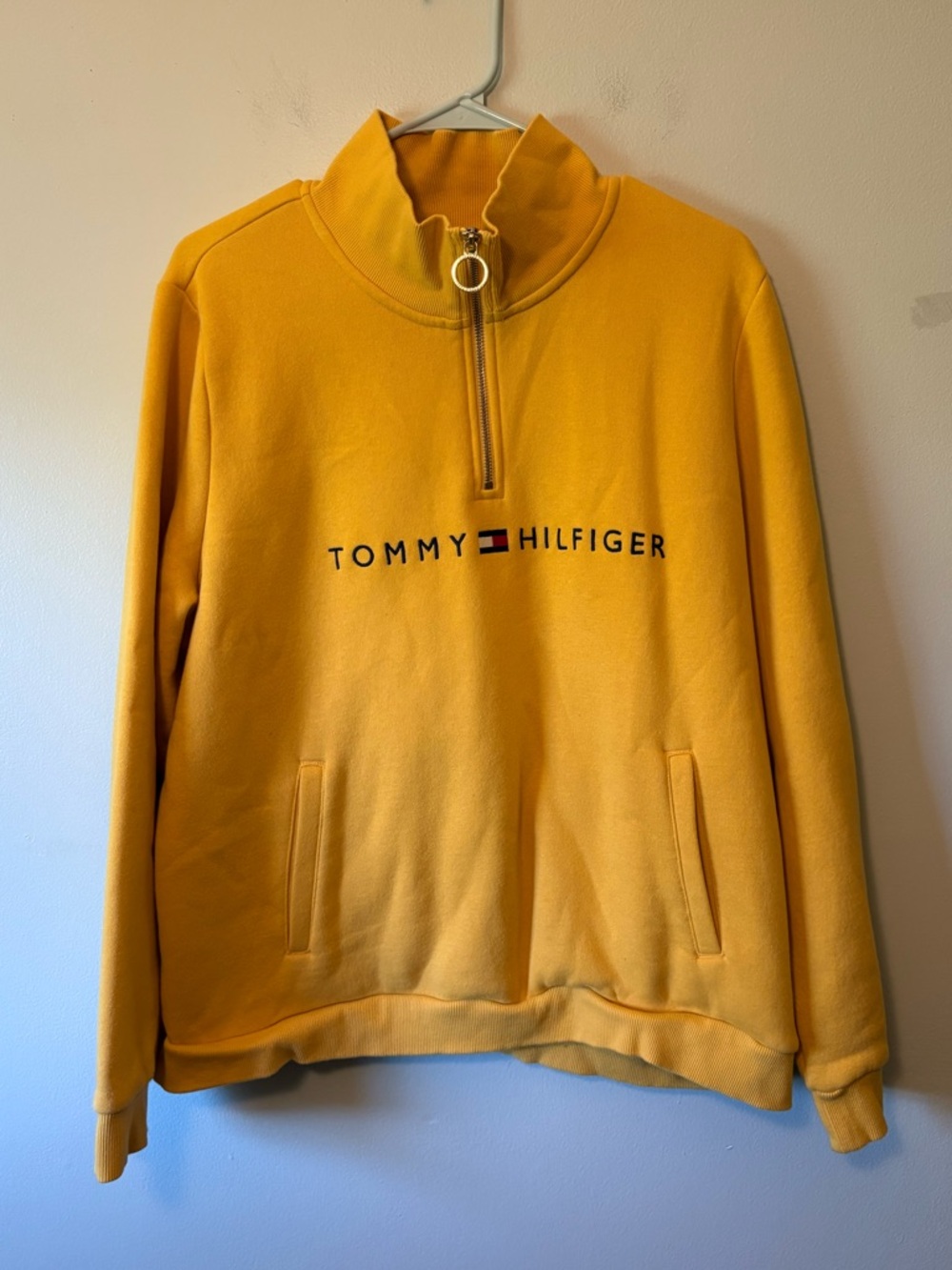 Tommy Hilfiger Mustard Yellow Half-Zip Pullover with O Ring and Embroidered Logo